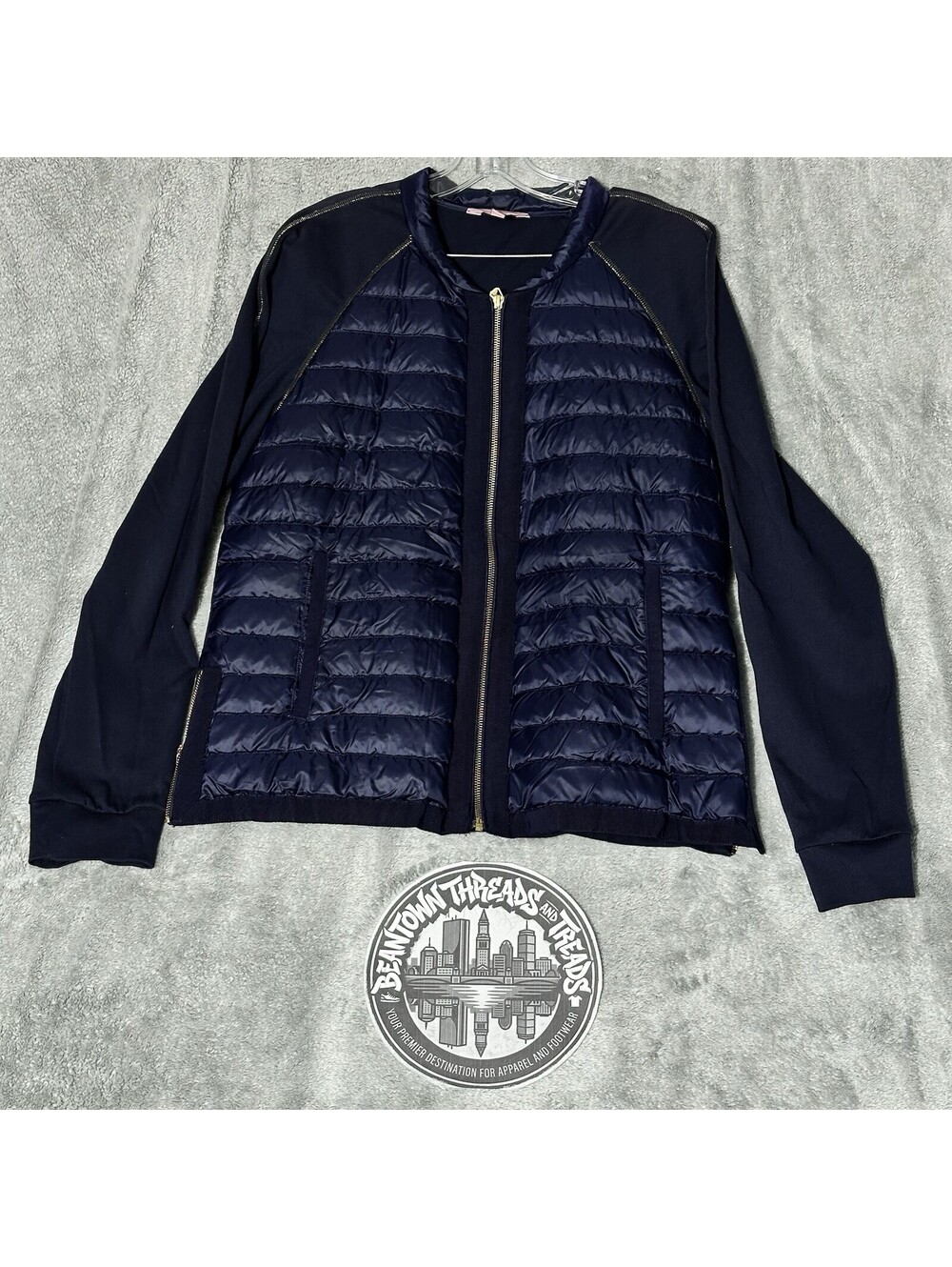 Lilly PulitzerSize XL Darci Down Puffer Jacket Navy Blue Gold Zip Hybrid Bomber